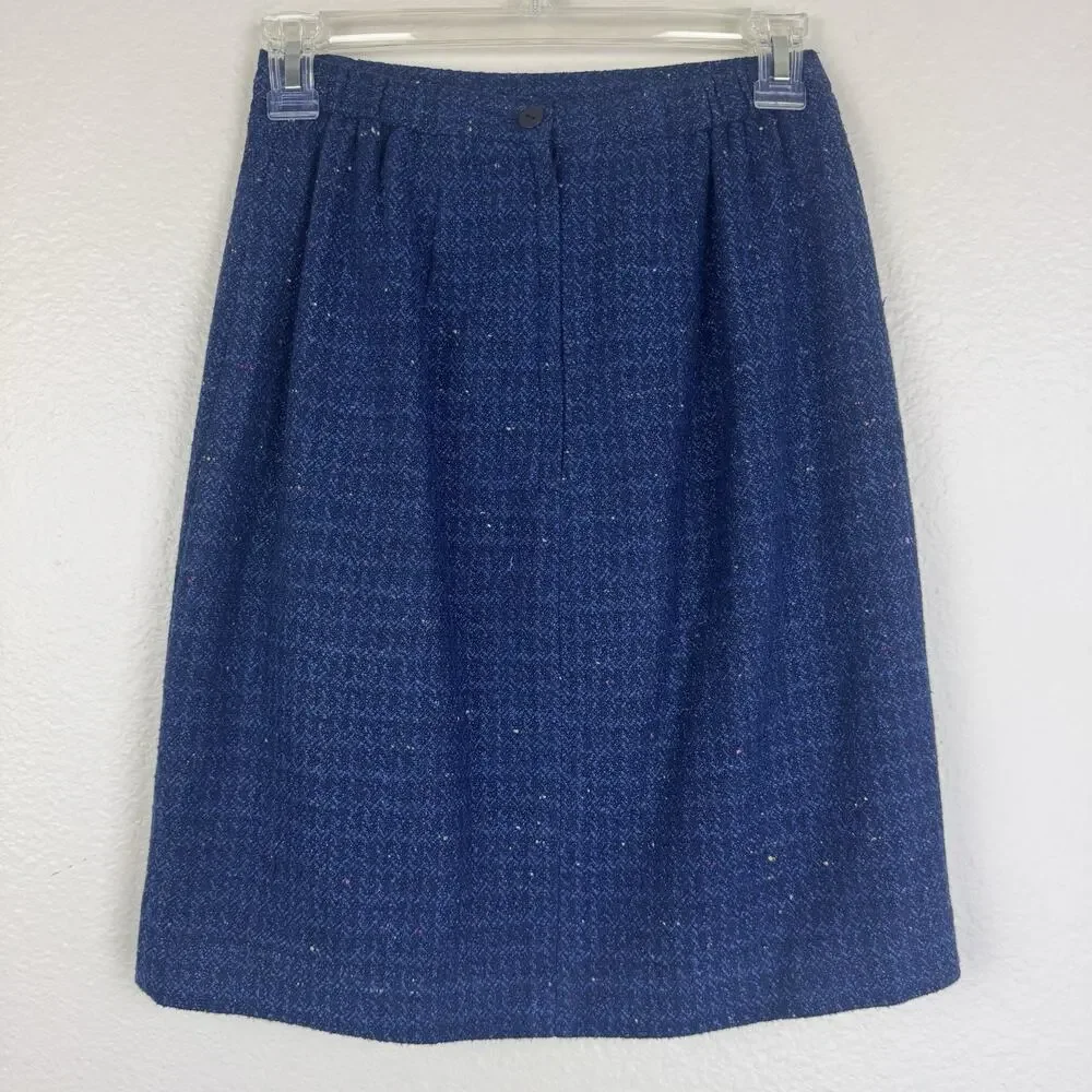 Vintage Norton McNaughton Preppy Tweed Mini Pencil Skirt Slit Blue Navy 4P
